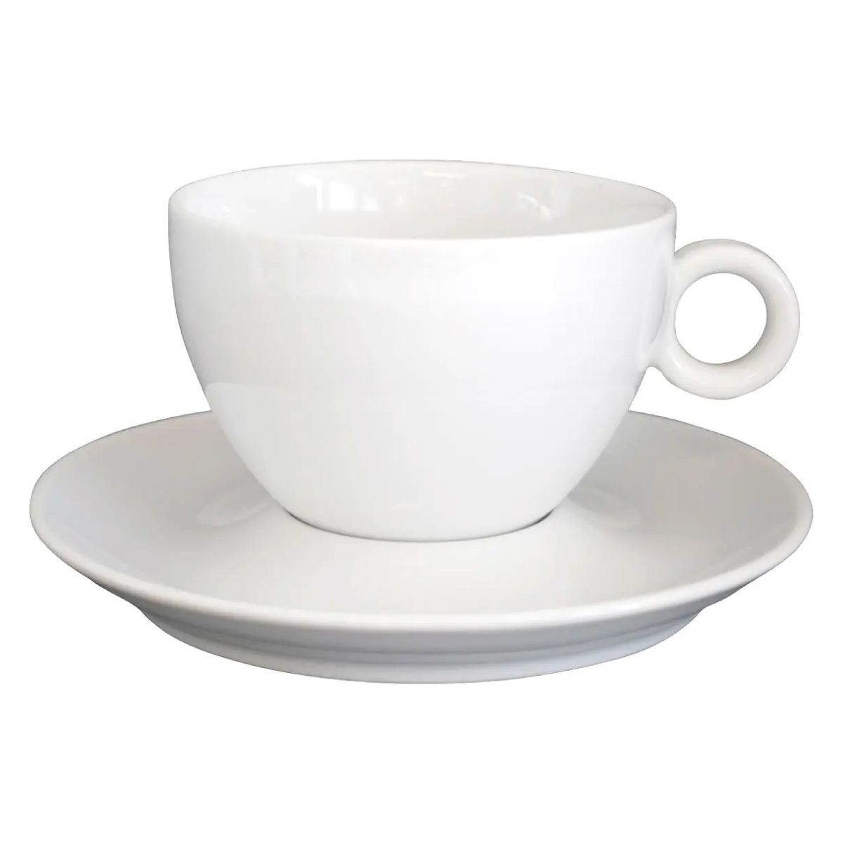 Vooraanzicht van Bola koffie verkeerd wit 28 cl. in porseleinen set, met bolle vorm. Vooraanzicht van Bola koffie verkeerd wit 28 cl. in porseleinen set, met bolle vorm.