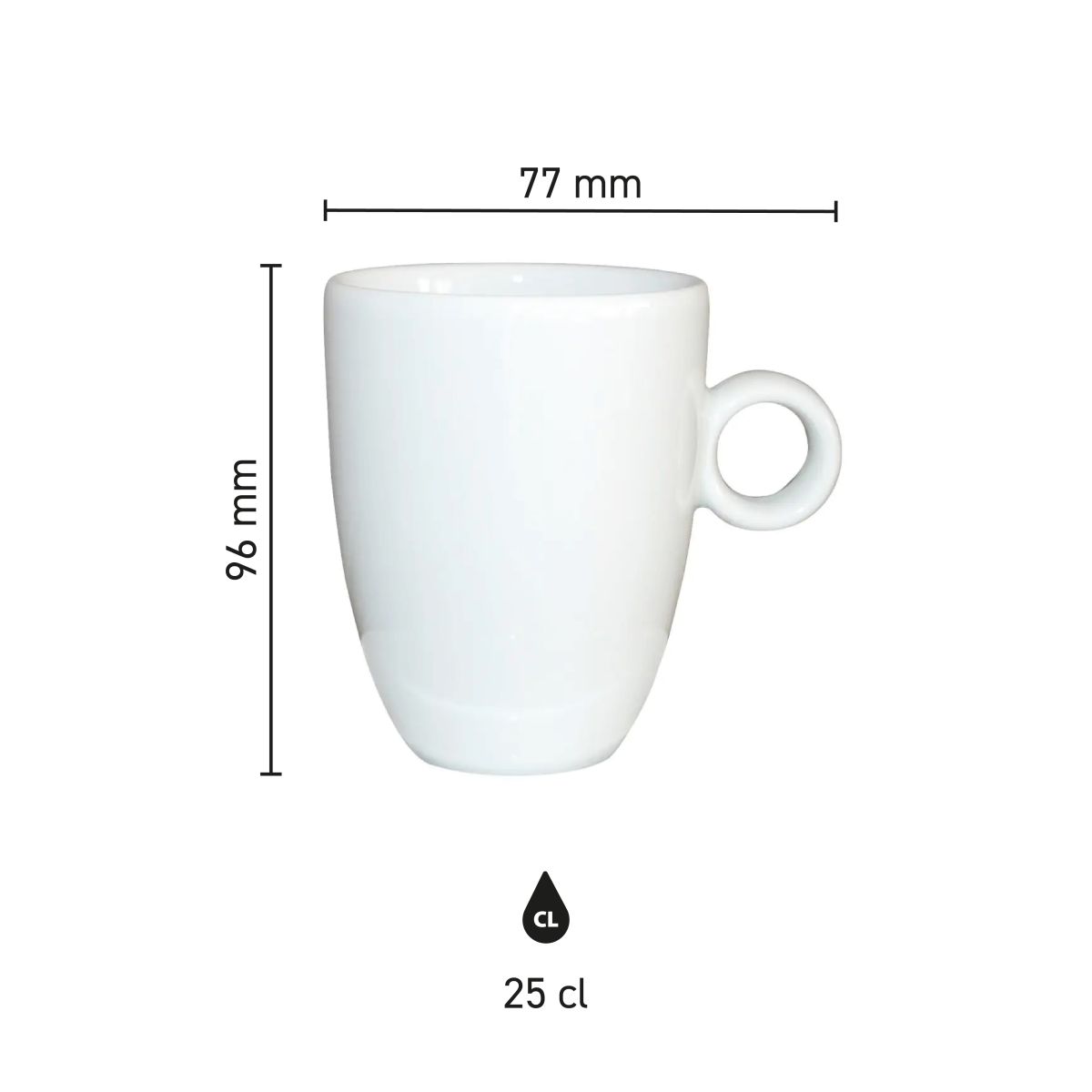 Infographic van porseleinen Bola mok 25 cl. met maatvoeringen.