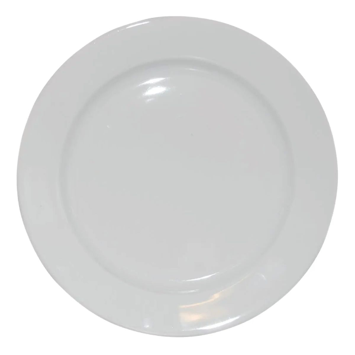 Vooraanzicht van een wit porseleinen bord van 28 cm met brede, vlakke rand. Vooraanzicht van een wit porseleinen bord van 28 cm met brede, vlakke rand.