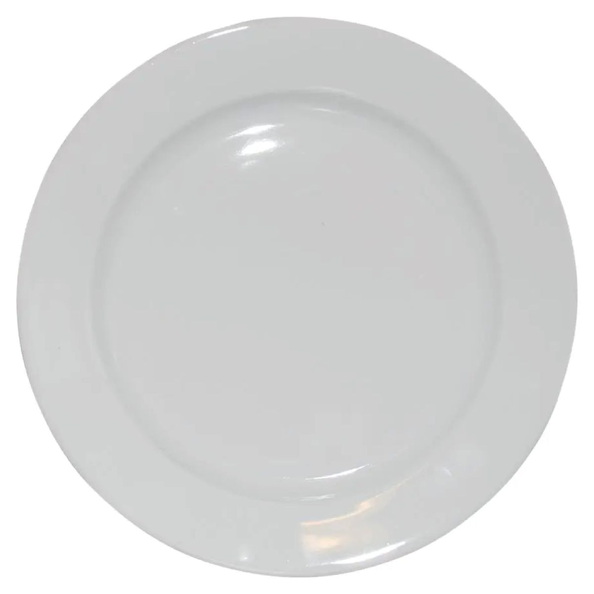 Frontaal zicht op een groot porseleinen bord van 30,5 cm met witte afwerking en brede rand. Frontaal zicht op een groot porseleinen bord van 30,5 cm met witte afwerking en brede rand.