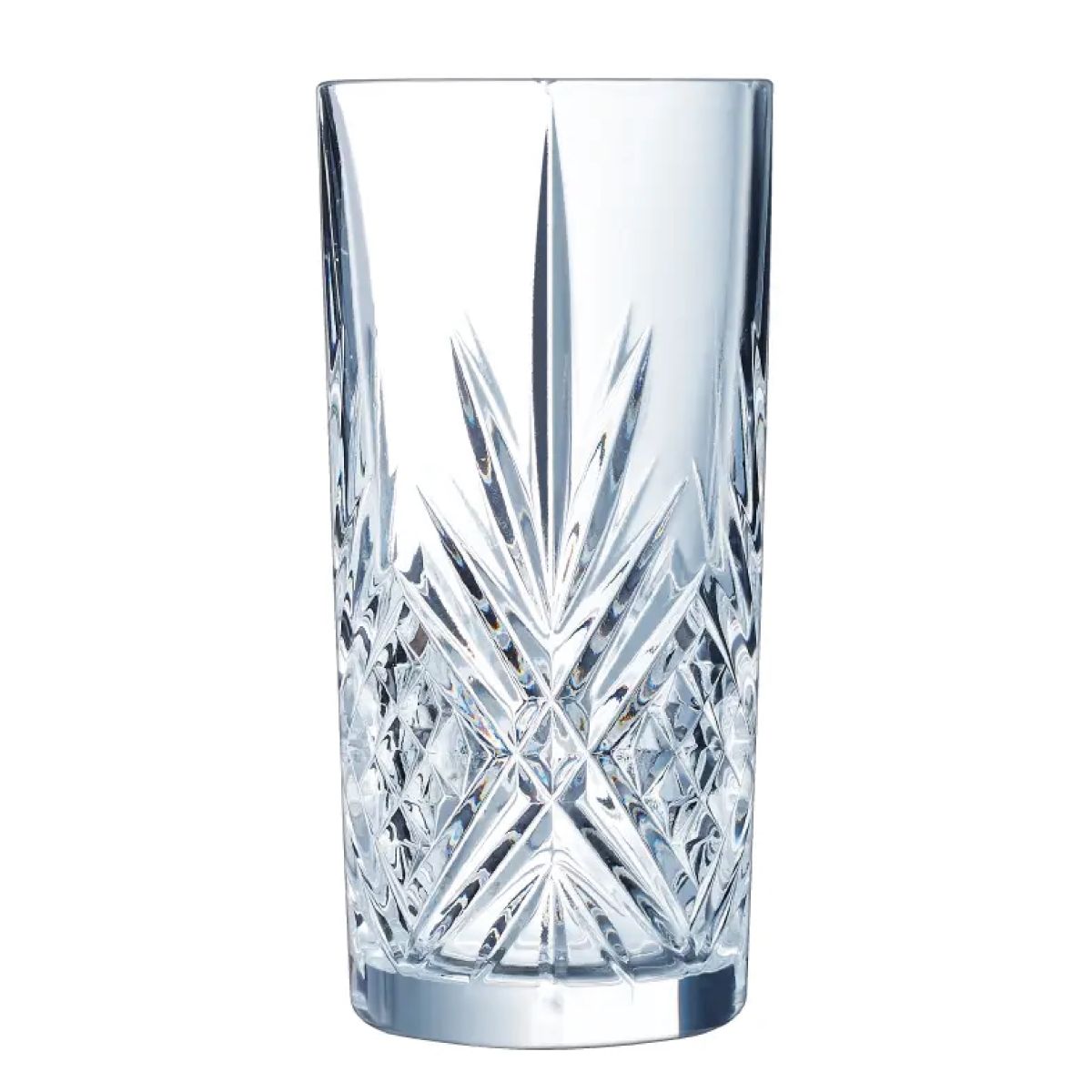 Vooraanzicht van Broadway longdrinkglas 38 cl. van transparant glas met rechte cilindervorm.