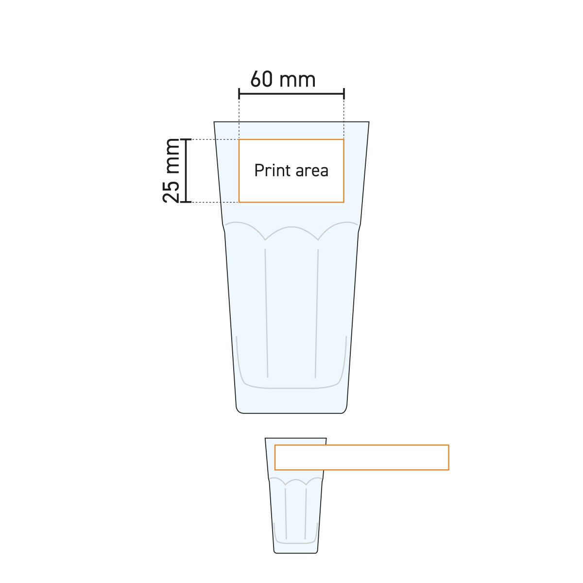 Gedetailleerde werktekening van drukgebied Casablanca Latte Hoog glas 28,5 cl. voor bedrukking.