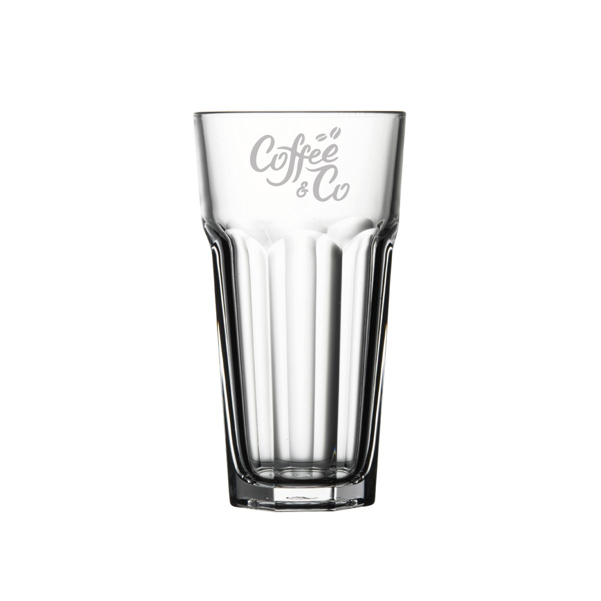 Casablanca Latte Hoog glas 28,5 cl. voorzien van gegraveerd CoffeeCo-logo op transparant oppervlak.