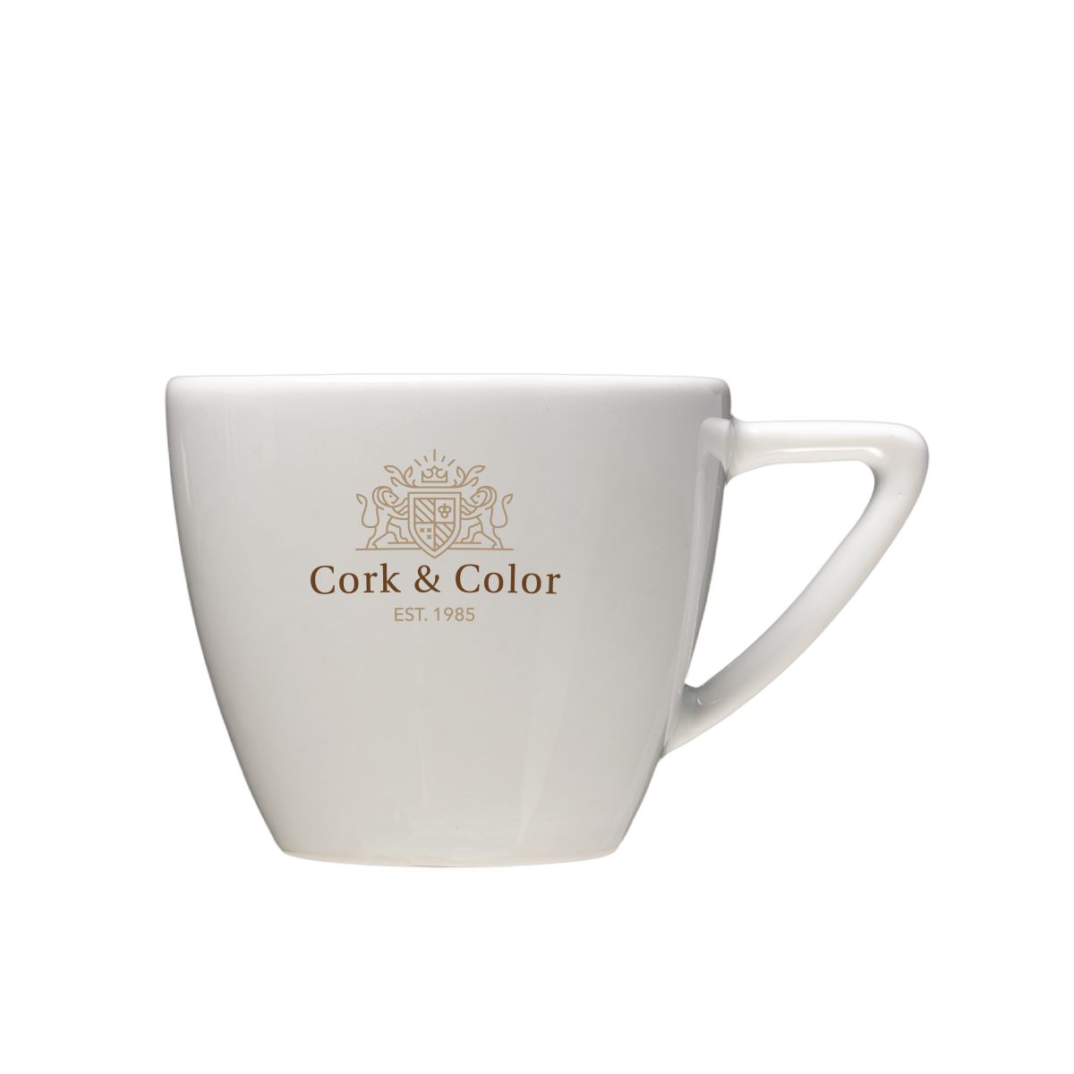 Classic Cappuccino kop 20 cl. van wit porselein met meerkleurig CorkColor-logo aan de voorkant.
