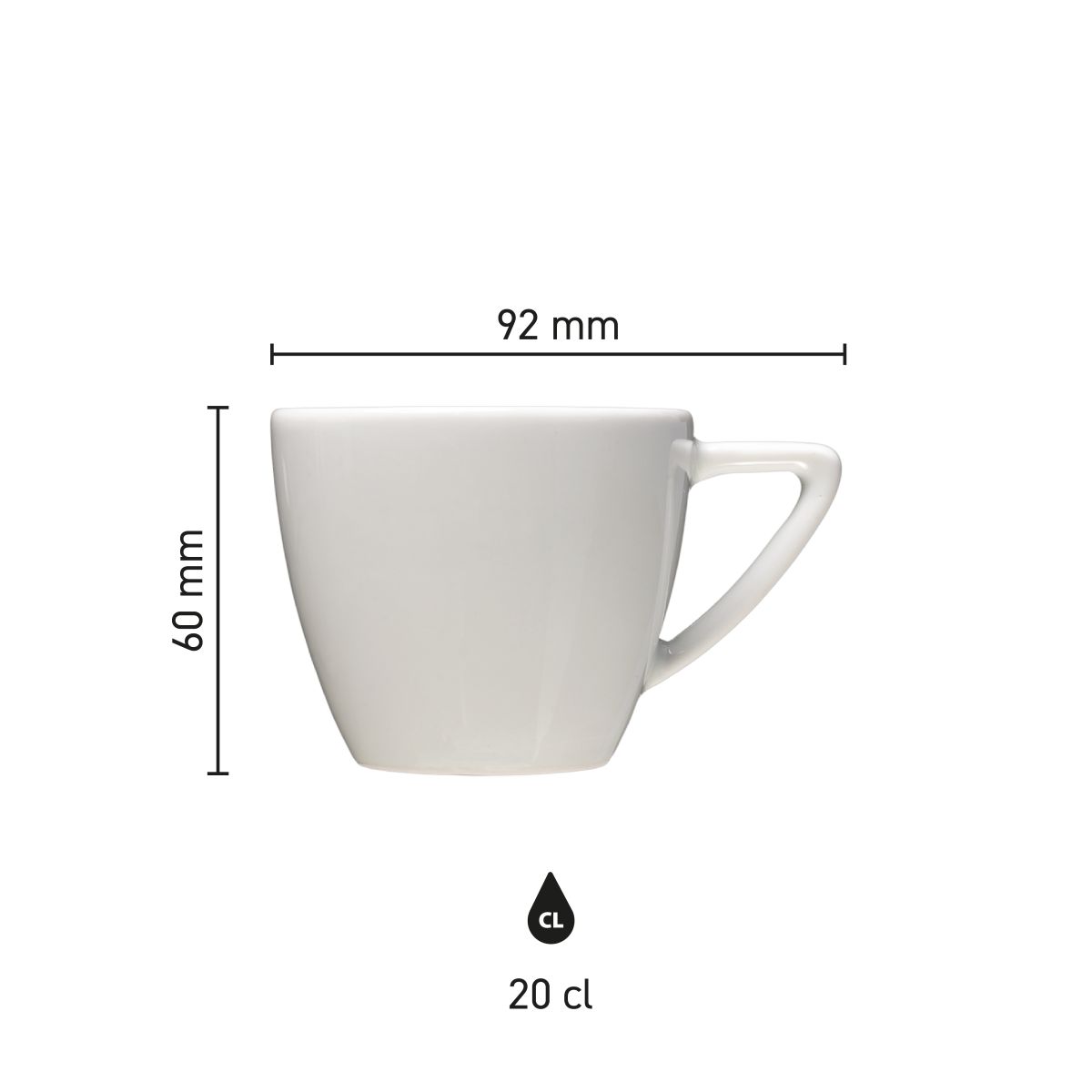 Infographic toont afmetingen van de Classic Cappuccino kop wit 20 cl. in technische weergave.