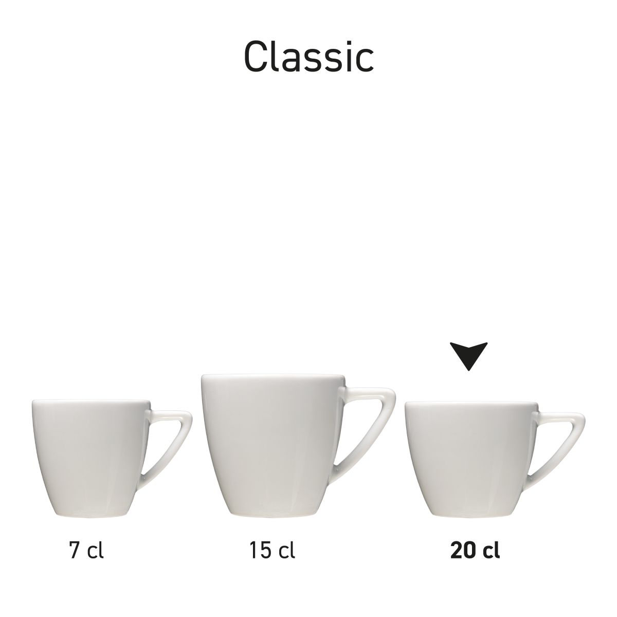 Serie witte Classic Cappuccino koppen van verschillende inhouden, gepresenteerd als Classic-serie