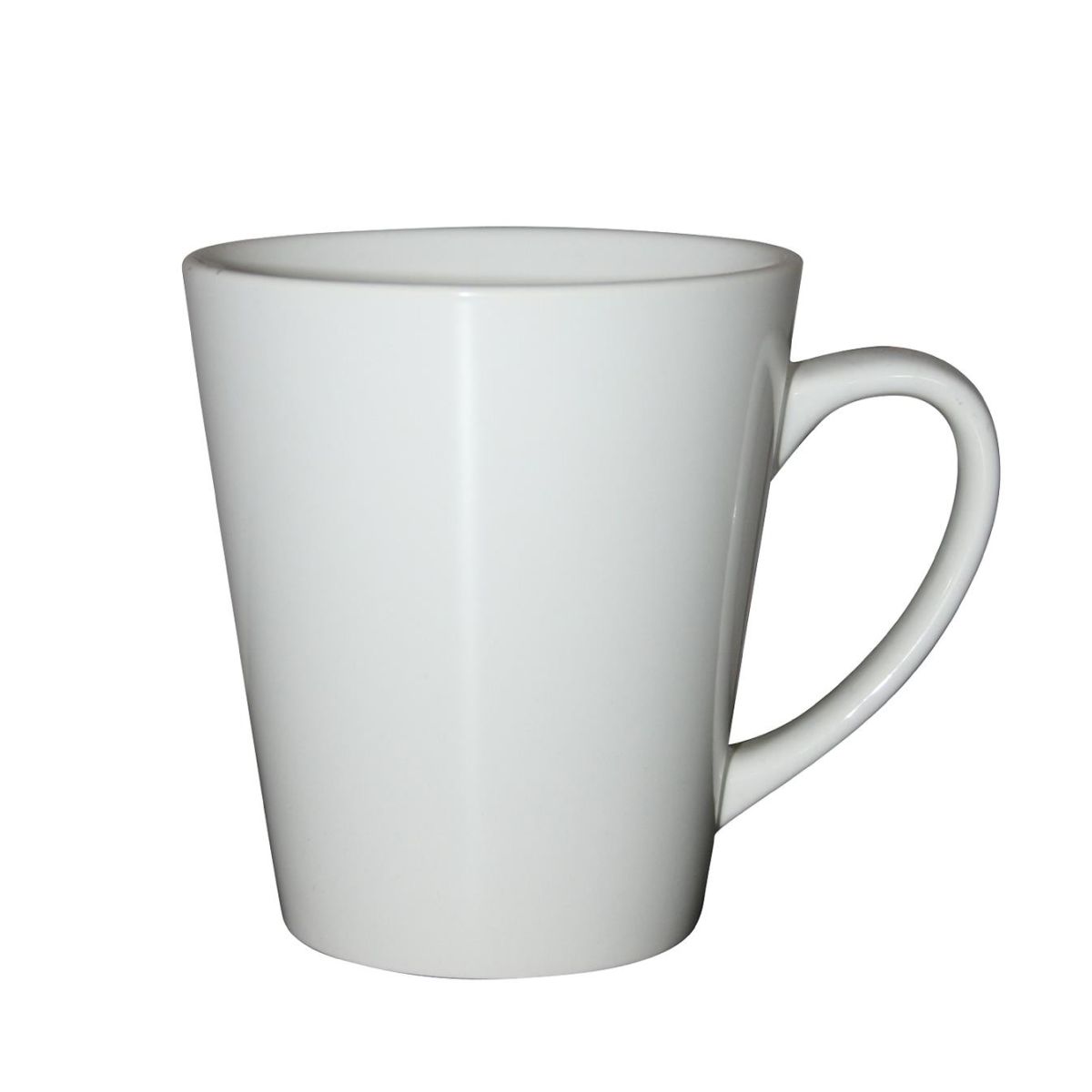 Vooraanzicht van witte Delta mok 30 cl. van porselein met rechte vorm en glad oppervlak. Vooraanzicht van witte Delta mok 30 cl. van porselein met rechte vorm en glad oppervlak.