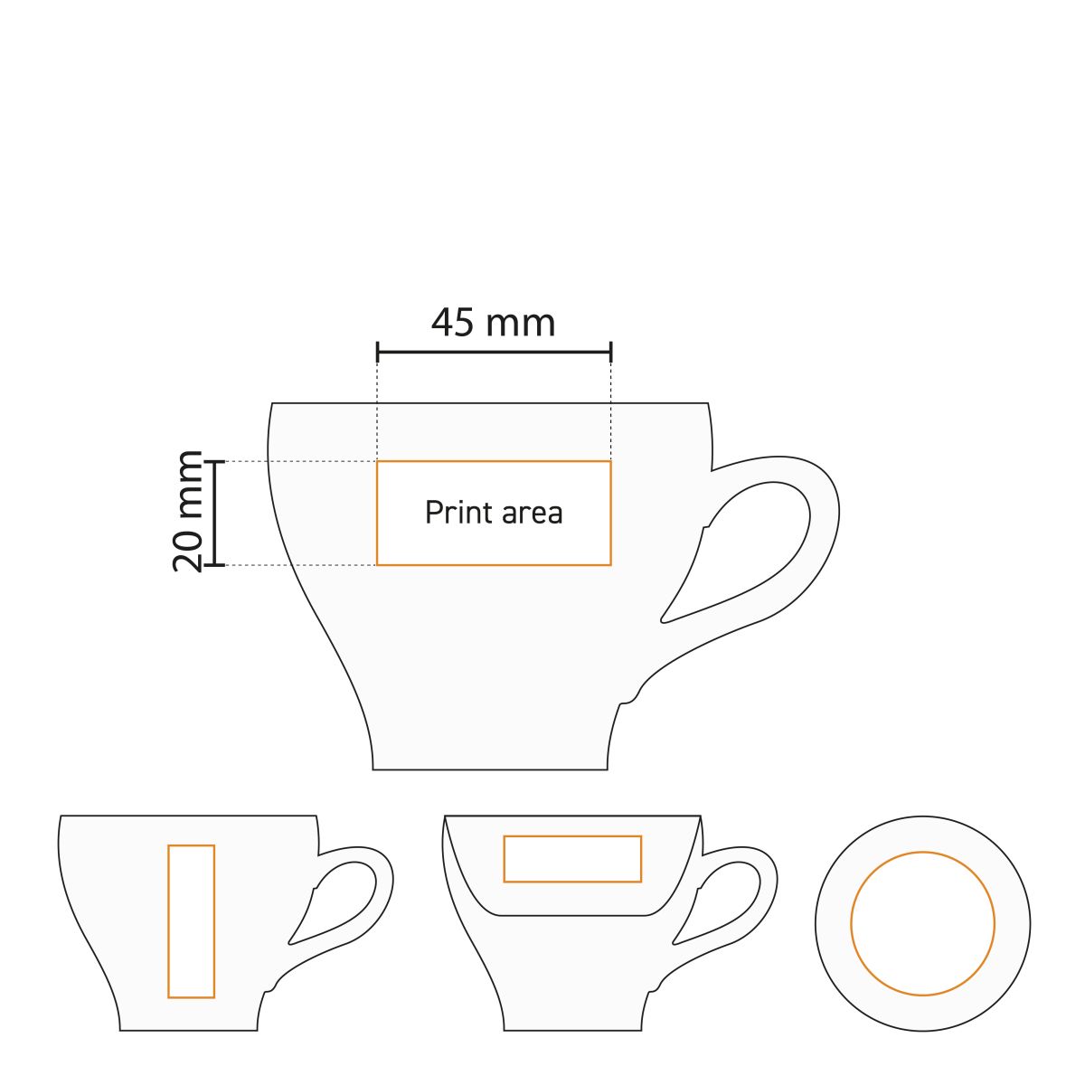 Werktekening met schematische weergave van het drukgebied voor logo-opdruk op het kopje.