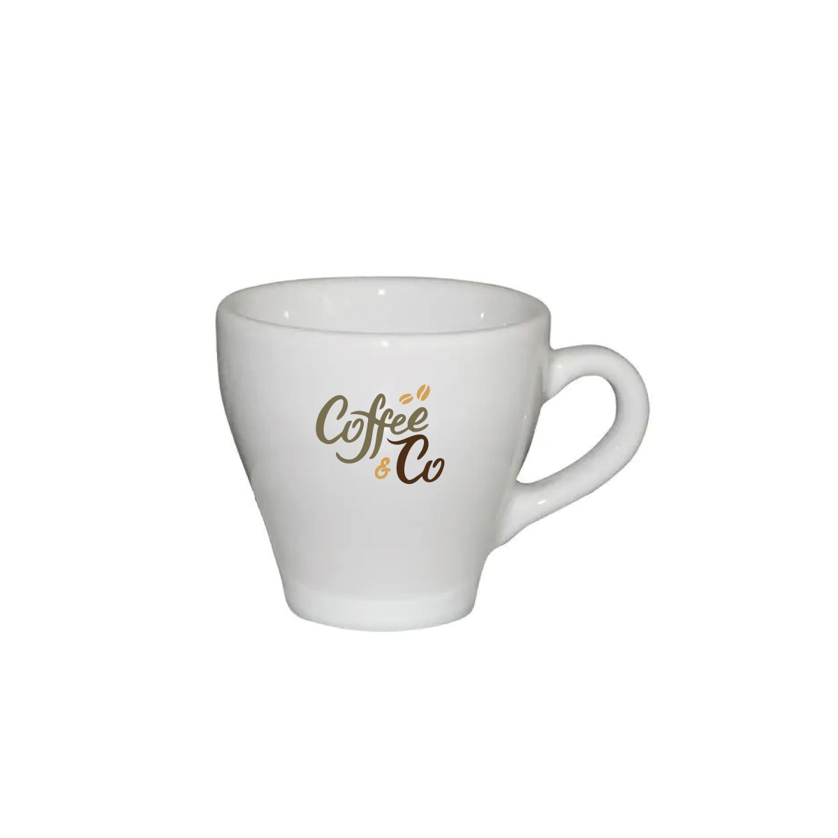 Porseleinen Dom Espresso kop 8 cl. met meerkleurig CoffeeCo-logo op het voorvlak zichtbaar.