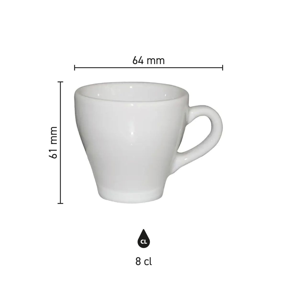 Infographic toont technische afmetingen van de Dom Espresso kop wit 8 cl. in millimeters.