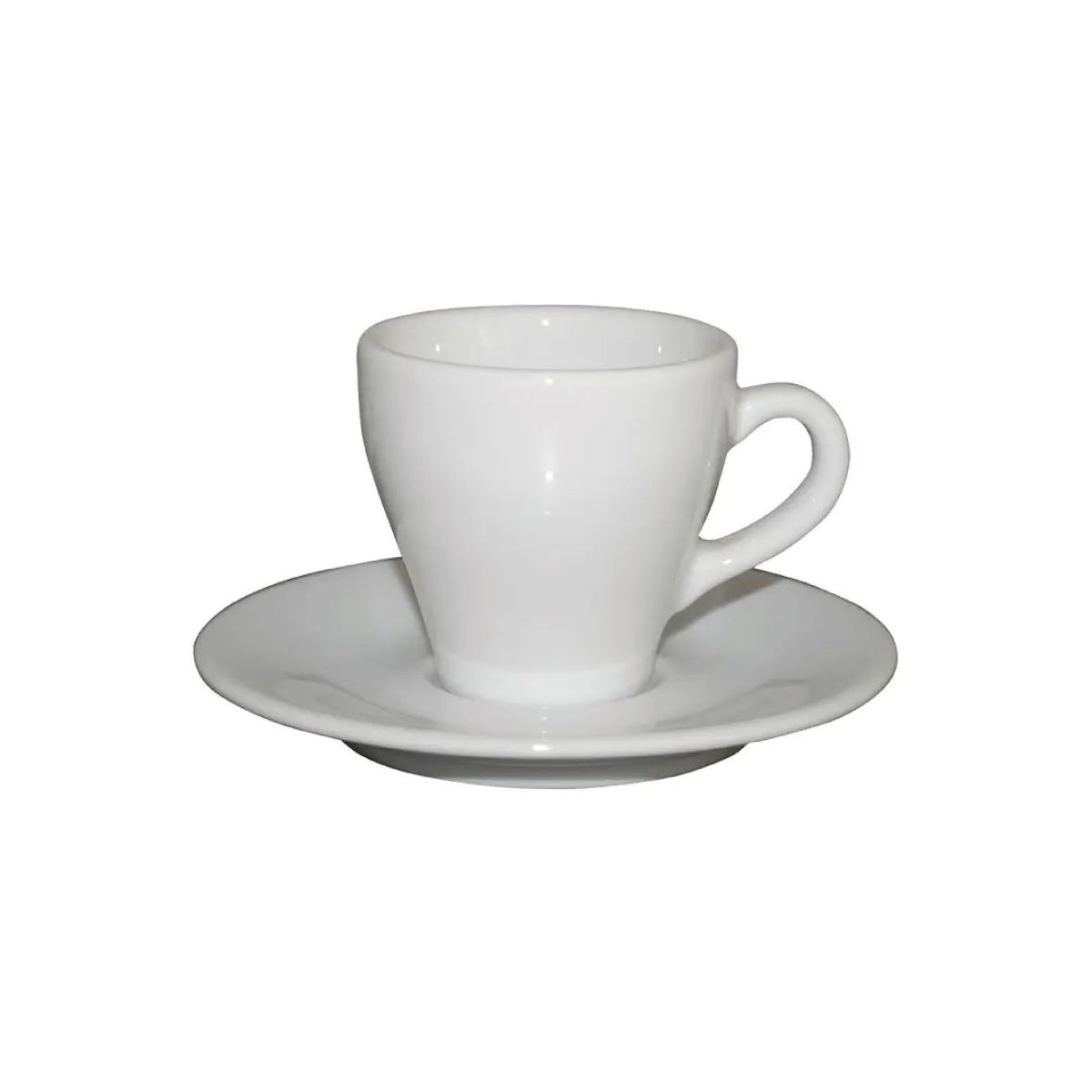 Porseleinen Dom Espresso SET 8 cl. in wit, recht van voren gefotografeerd met kopje en schotel van de set. Porseleinen Dom Espresso SET 8 cl. in wit, recht van voren gefotografeerd met kopje en schotel van de set.