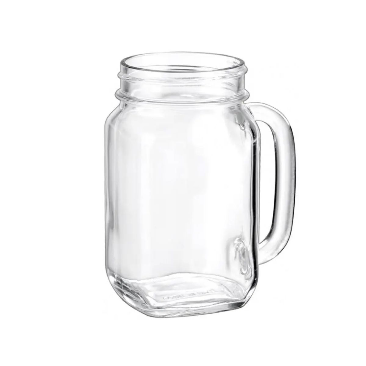 Vooraanzicht van de Drink Jar Country 48 cl. van helder glas met schroefrand en handvat. Vooraanzicht van de Drink Jar Country 48 cl. van helder glas met schroefrand en handvat.
