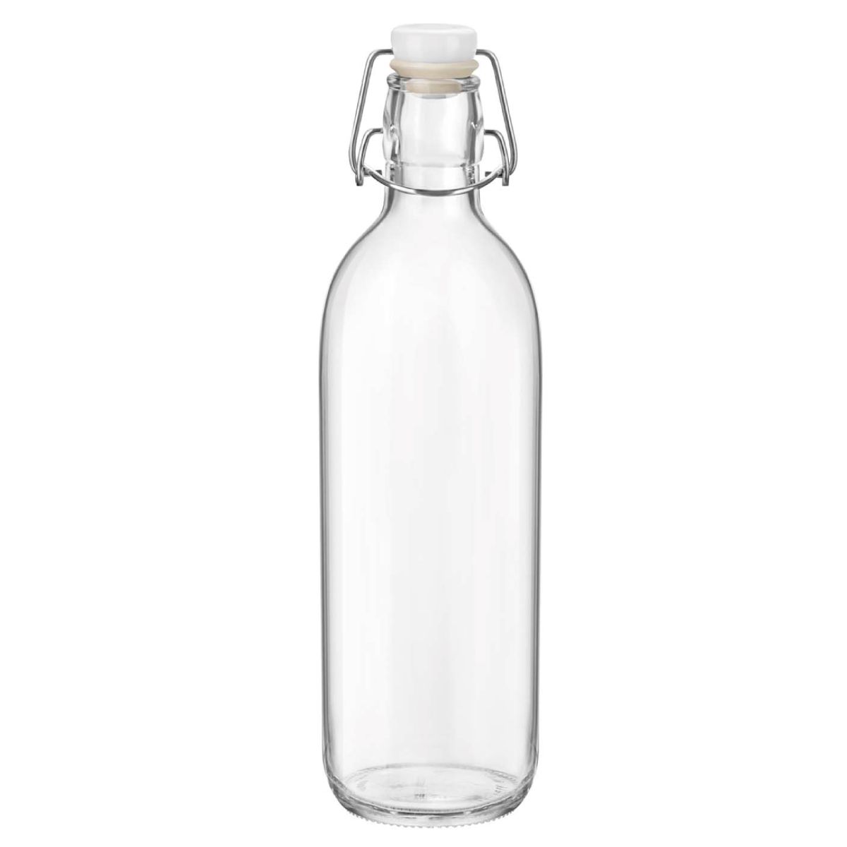 Recht vooraanzicht van glazen Emilia Fles met 1 liter inhoud en beugelsluiting, slank model. Recht vooraanzicht van glazen Emilia Fles met 1 liter inhoud en beugelsluiting, slank model.