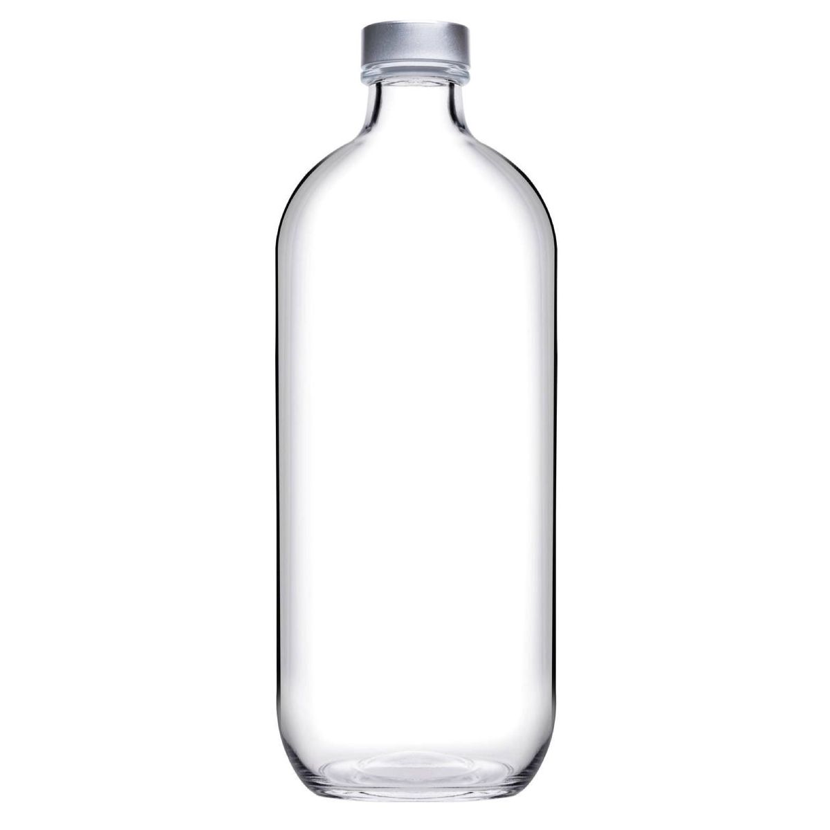 Recht vooraanzicht van de fles Iconic 1,1 liter in helder glas met cilindervorm en metalen dop.