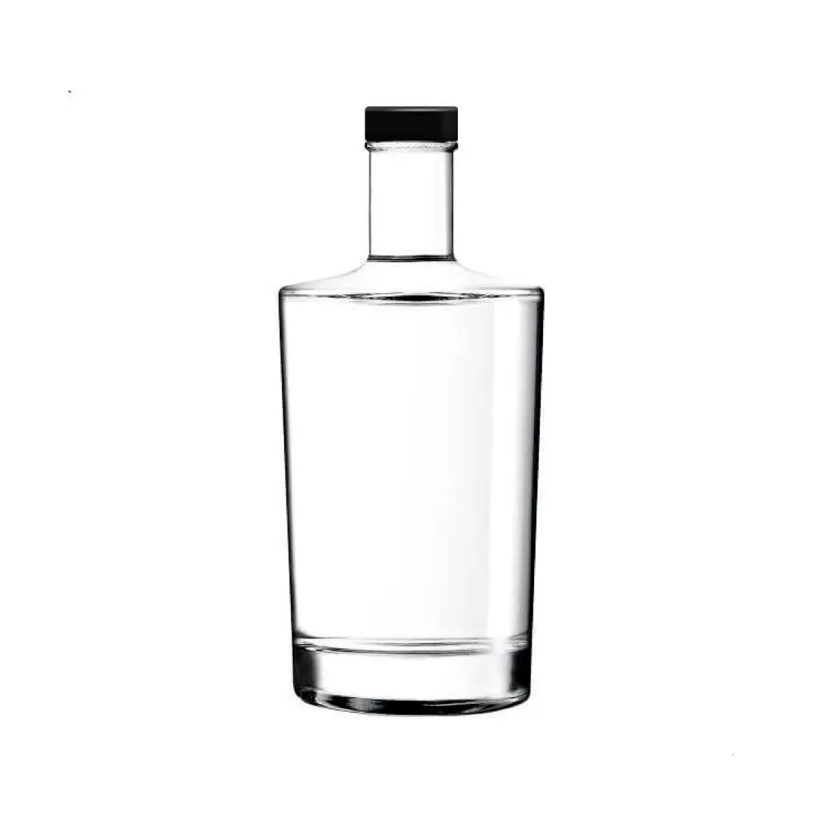 Glazen Fles Neos 0,5 liter met zwarte dop in recht vooraanzicht, transparant en eenvoudig vormgegeven. Glazen Fles Neos 0,5 liter met zwarte dop in recht vooraanzicht, transparant en eenvoudig vormgegeven.