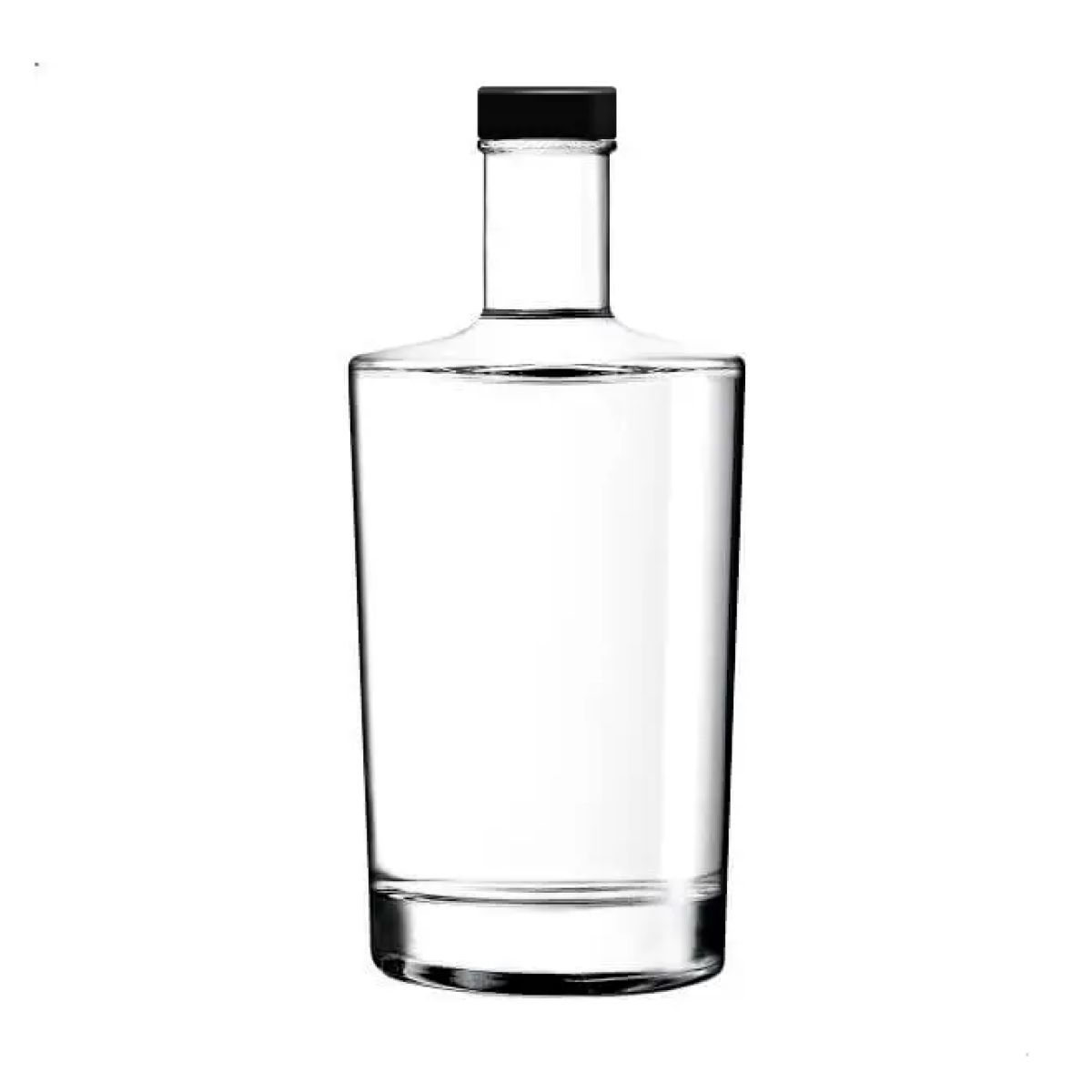 Fles Neos 0,7 liter in glas met rechte vorm en lange hals, weergegeven in vooraanzicht met zwarten dop. Fles Neos 0,7 liter in glas met rechte vorm en lange hals, weergegeven in vooraanzicht met zwarten dop.