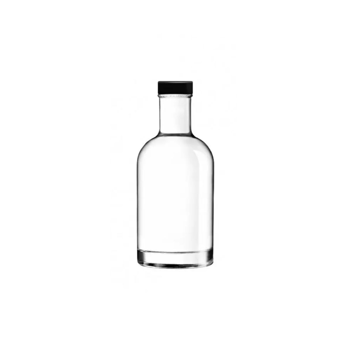 Heldere glazen fles Oslo 0,2 liter met zwarte dop van voren gefotografeerd, zonder bedrukking. Heldere glazen fles Oslo 0,2 liter met zwarte dop van voren gefotografeerd, zonder bedrukking.