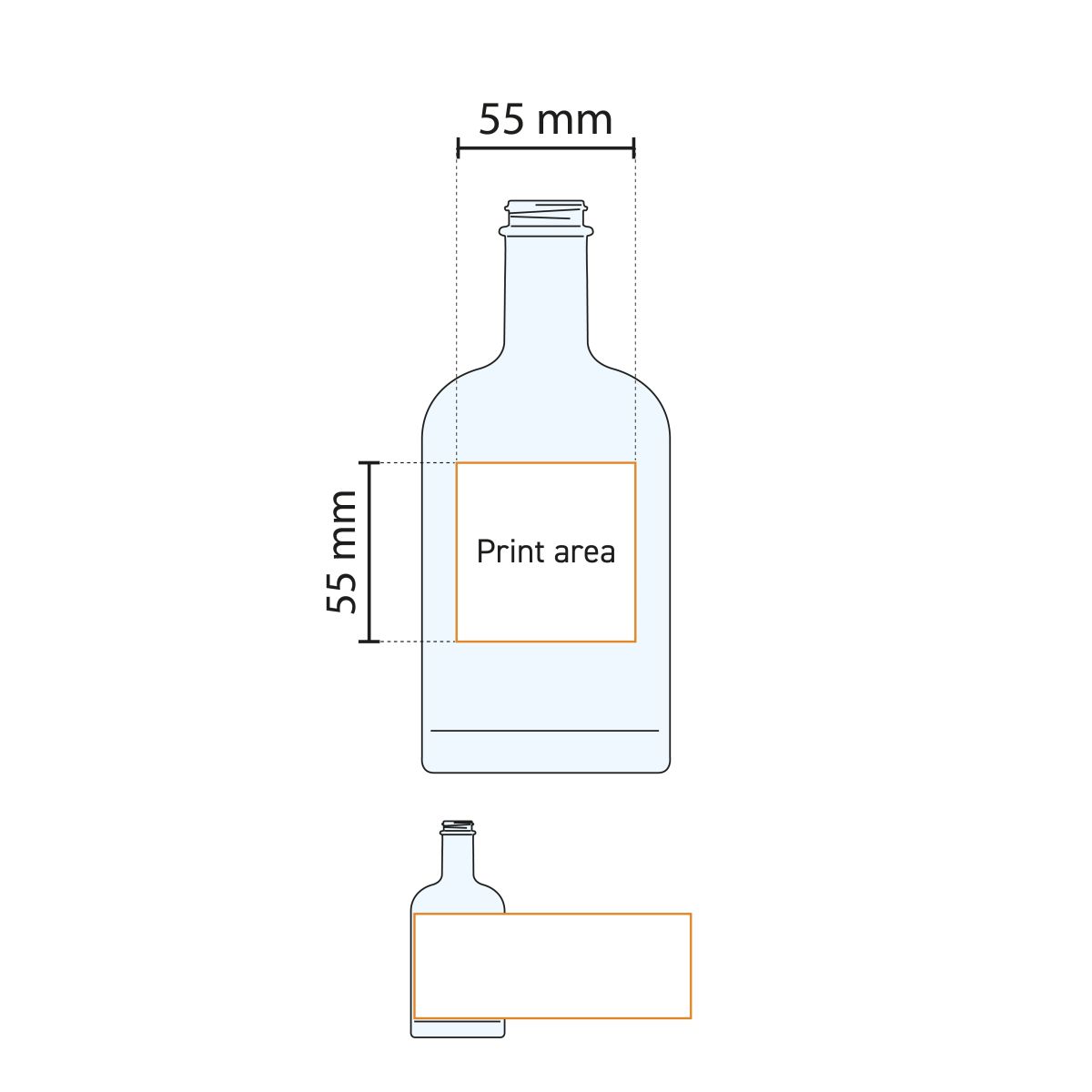Technische werktekening van Fles Oslo 0,35 liter glas met gemarkeerd drukgebied.