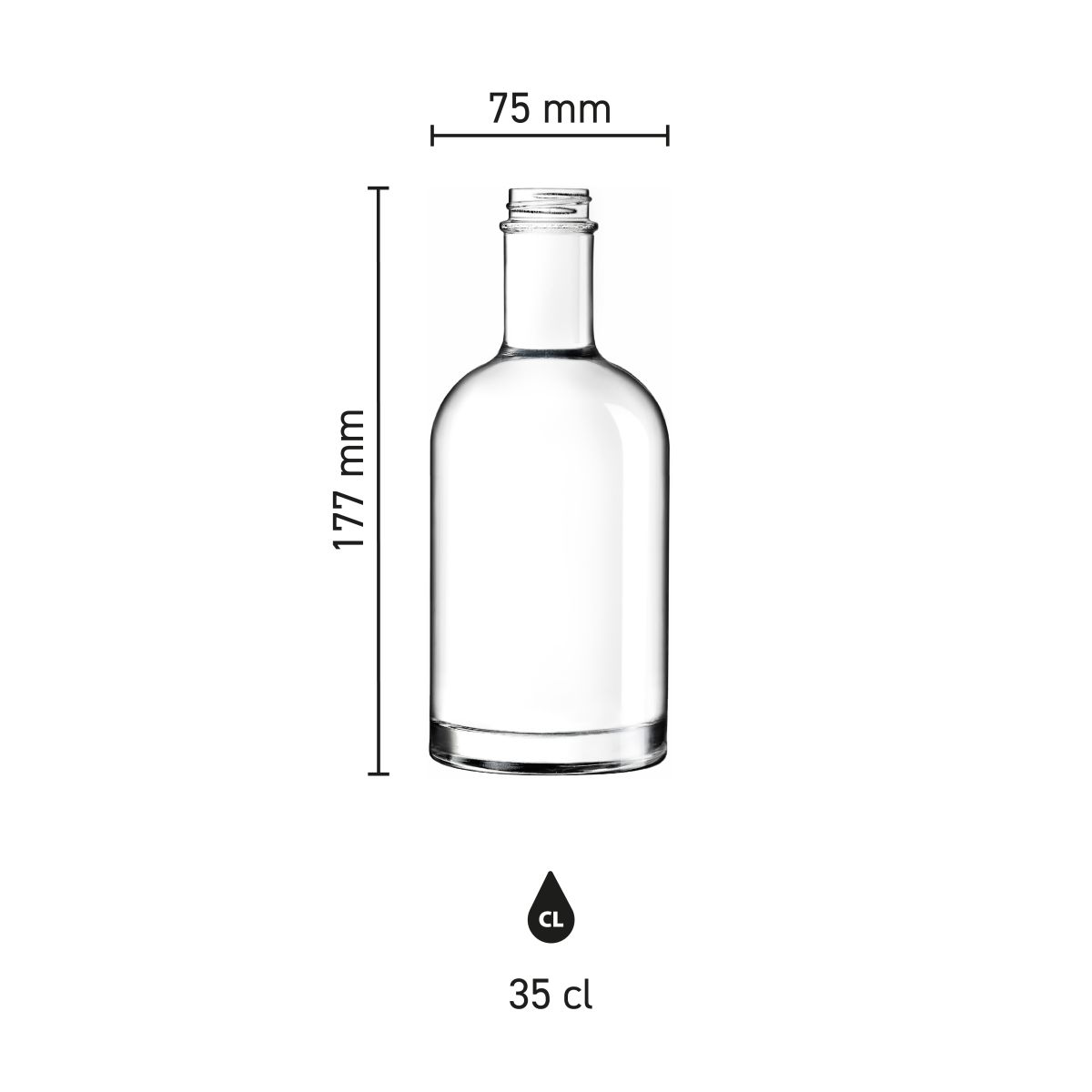 Infographic toont afmetingen van Fles Oslo 0,35 liter glas, inclusief diameter en hoogte.