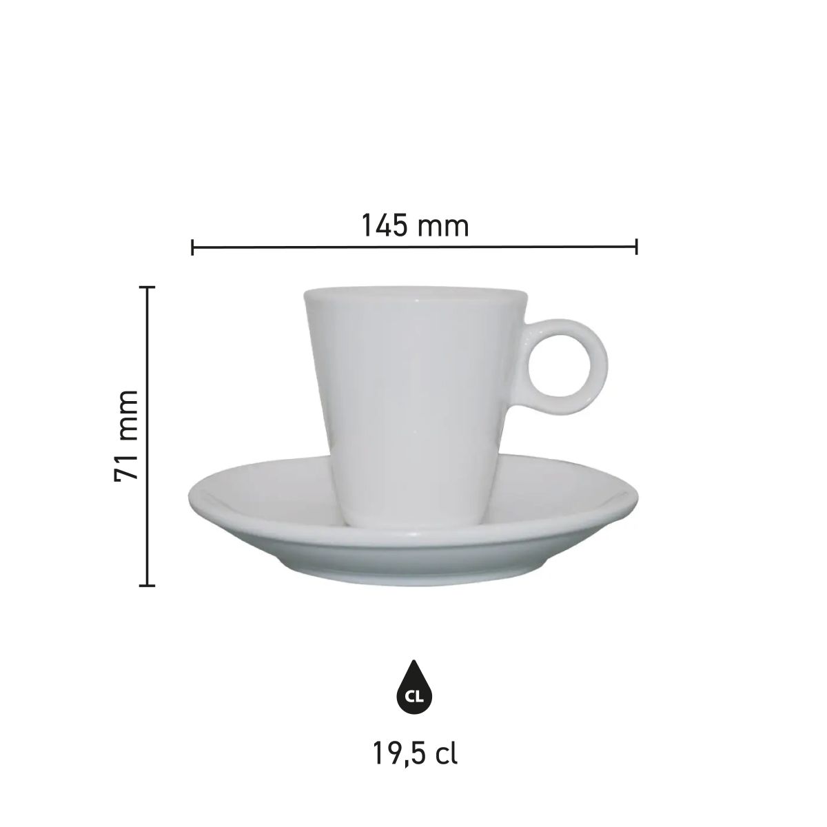 Infographic met de productafmetingen van de Lukas Cappuccino wit 19.5 cl. Set.