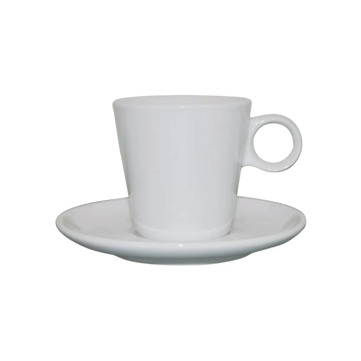 Frontaal aanzicht van de Lukas koffie wit 16 cl set porselein met rechte vorm. Frontaal aanzicht van de Lukas koffie wit 16 cl set porselein met rechte vorm.
