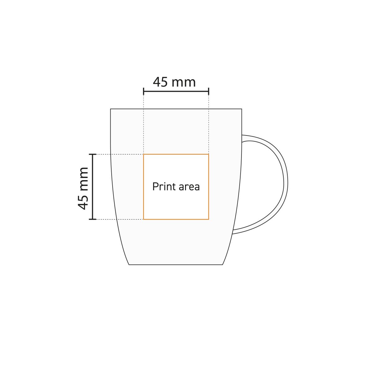 Technische werktekening toont het drukgebied van de Mini Specta mok 28 cl. met logozone.