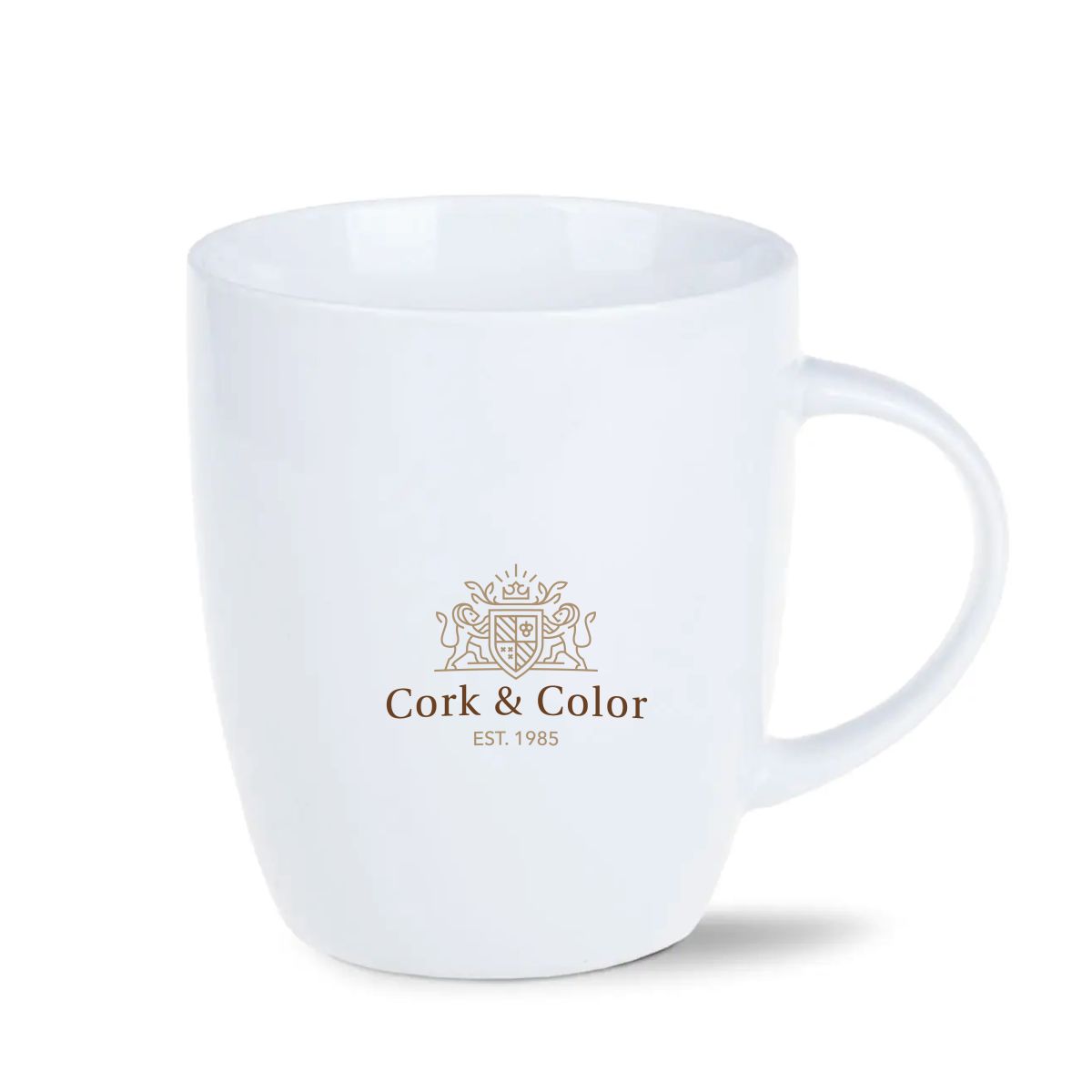 Mini Specta mok van 28 cl met meerkleurig CorkColor-logo op het gladde porseleinoppervlak.
