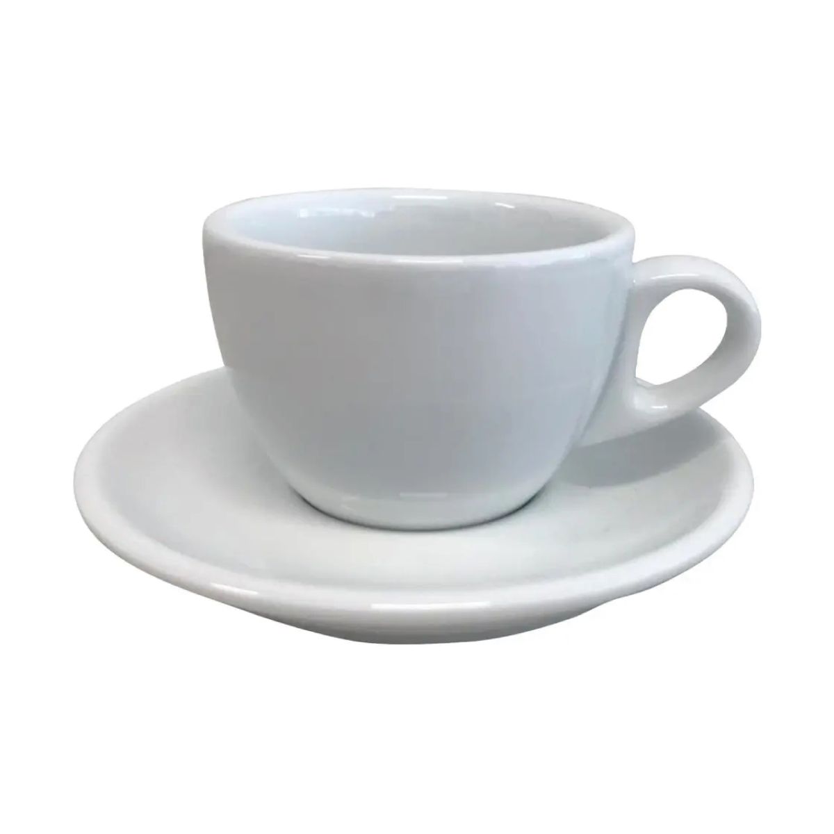 Wit Porseleinen cappuccinoset van 19 cl. in vooraanzicht, met ronde kopjes en bijpassende schotels. Wit Porseleinen cappuccinoset van 19 cl. in vooraanzicht, met ronde kopjes en bijpassende schotels.