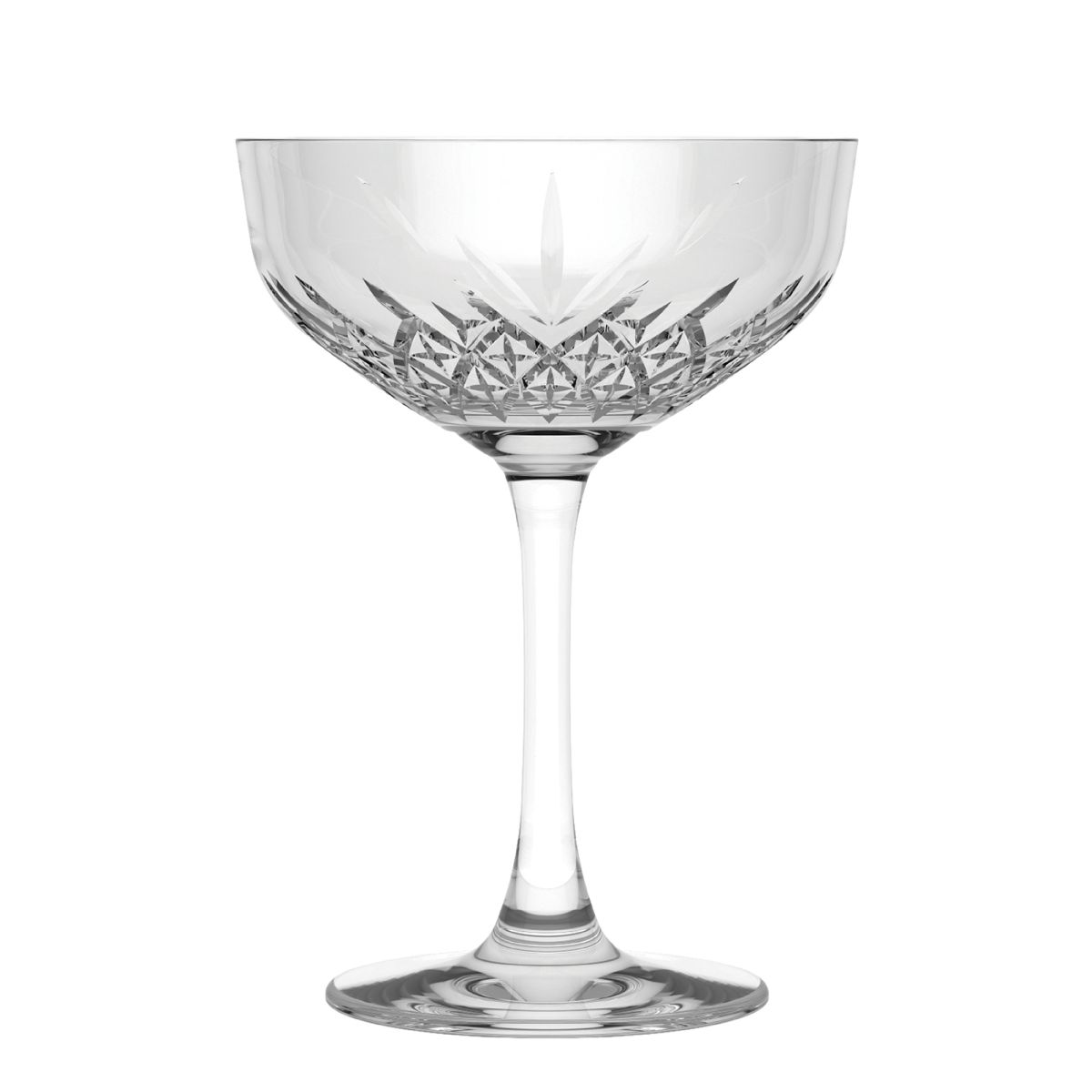 Vooraanzicht van de Timeless champagnecoupe 25,5 cl in helder glas met brede, platte kelk. Vooraanzicht van de Timeless champagnecoupe 25,5 cl in helder glas met brede, platte kelk.