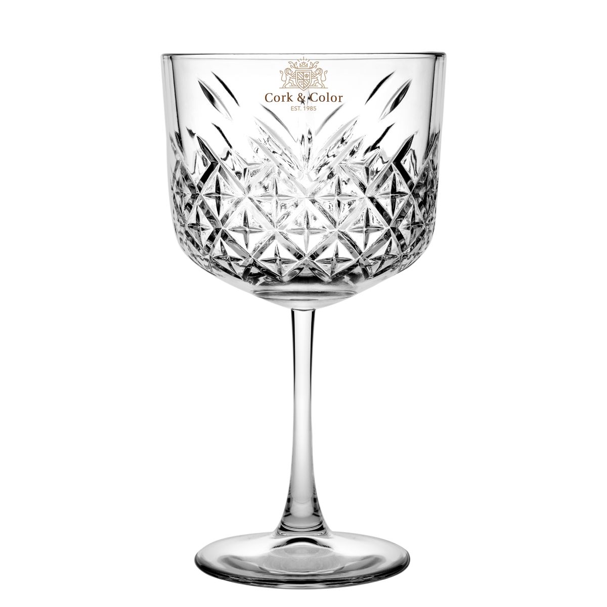 Meerkleurig CorkColor-logo op voorzijde van het glazen gin-tonic glas 55 cl.