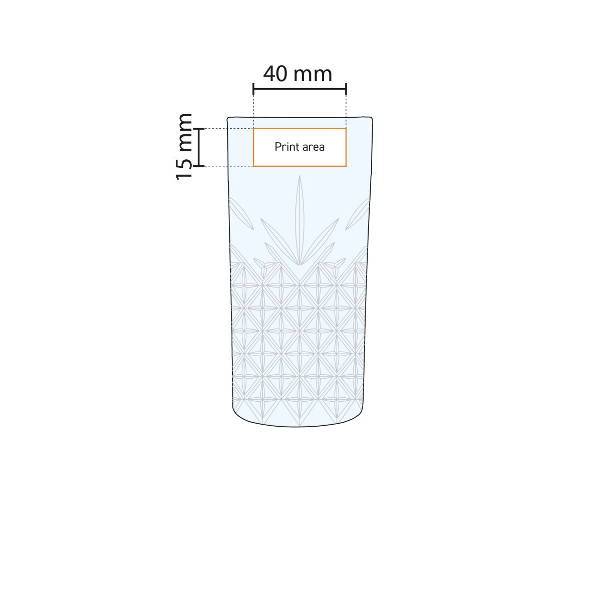Drukgebied op het glas 30 cl. weergegeven in werktekening met logo-positie.