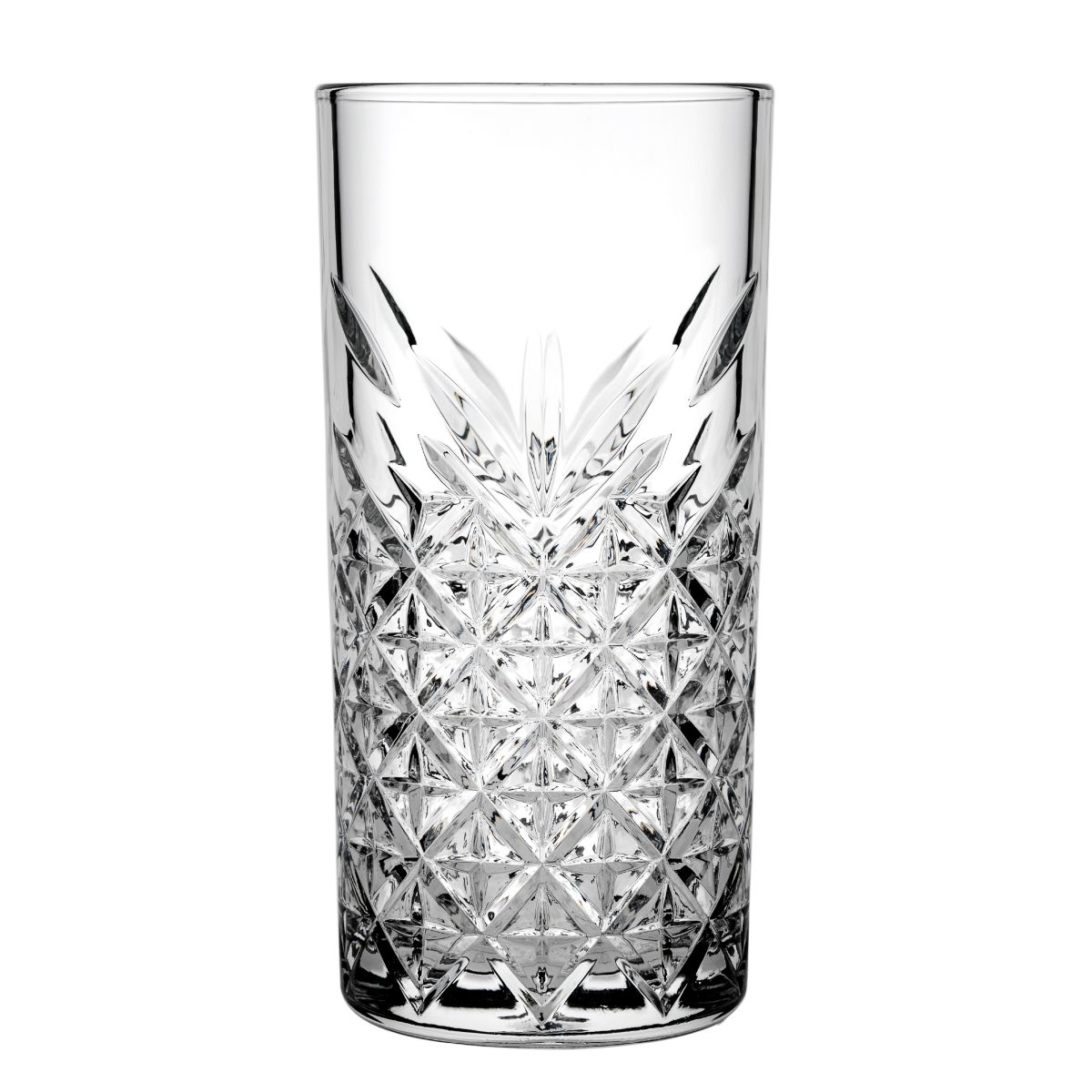 Transparant Timeless Longdrink glas 45 cl, vooraanzicht met verticale slijping. Transparant Timeless Longdrink glas 45 cl, vooraanzicht met verticale slijping.