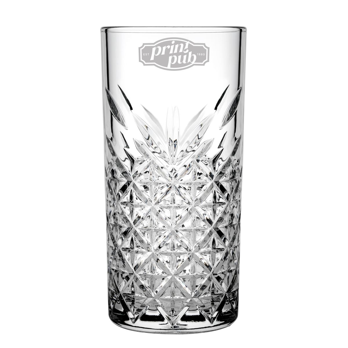 Fijne PrintPub-logo gravure zichtbaar op het gladde oppervlak van het Timeless longdrinkglas.