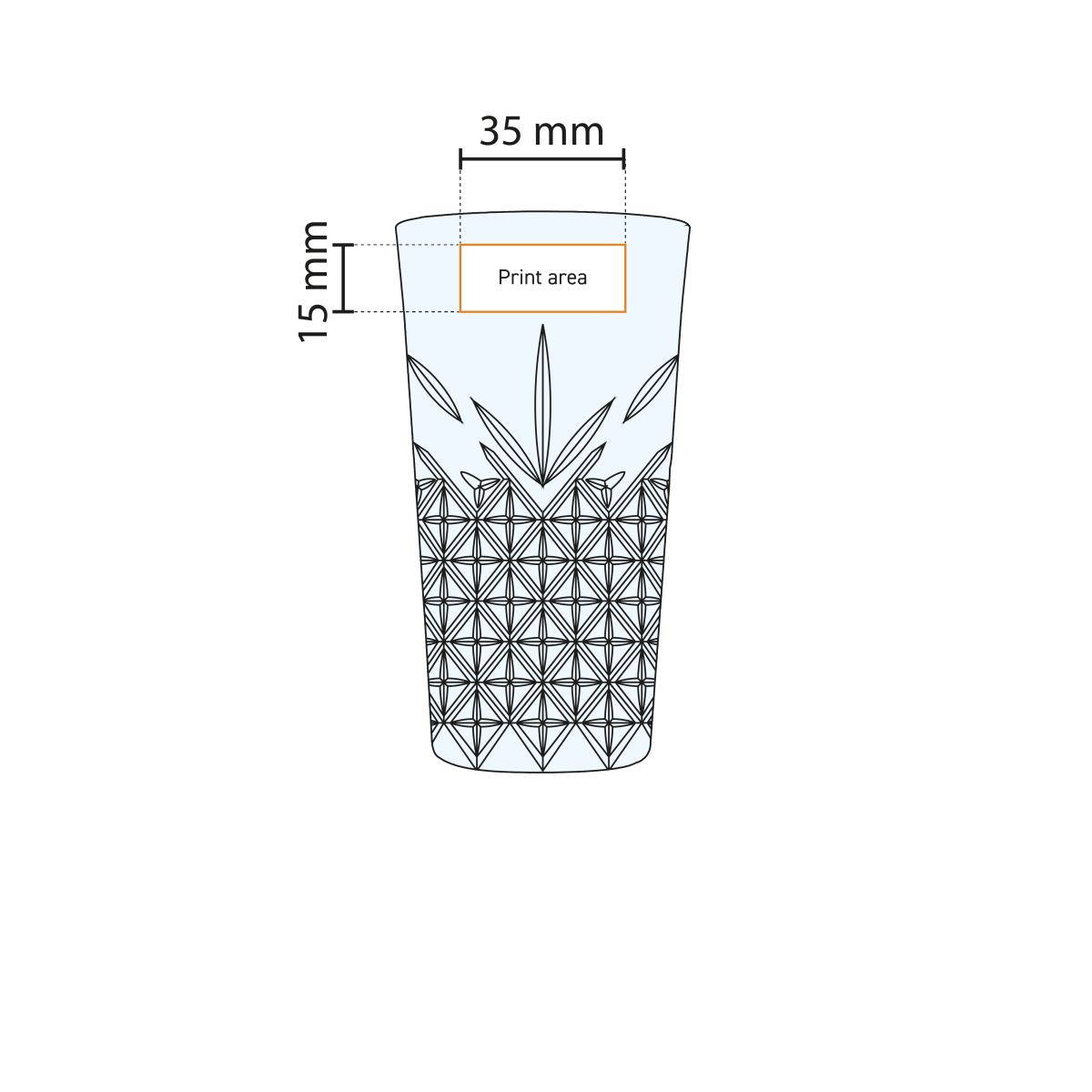 Werkomschrijving van drukgebied op het glasoppervlak van Timeless longdrinkglas 34,5 cl.