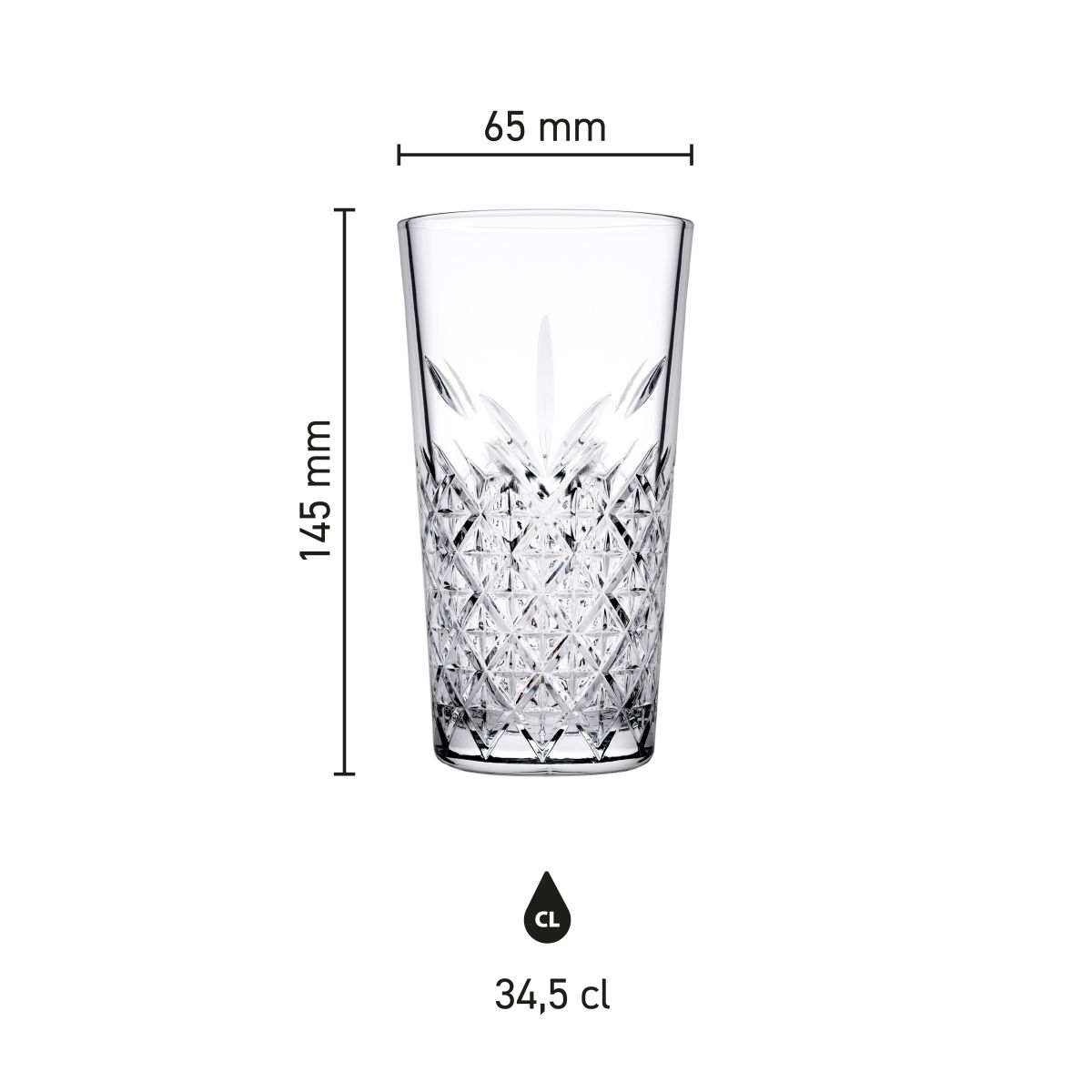 Infographic met hoogte, diameter en inhoud van het Timeless Longdrink stapelglas 34,5 cl.