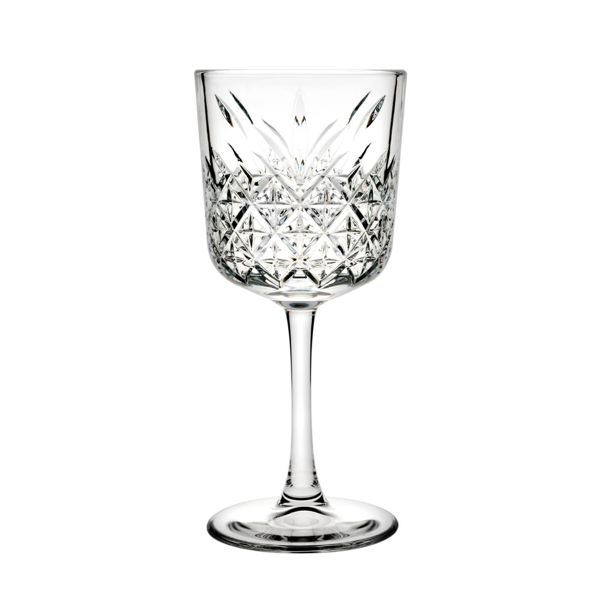 Recht vooraanzicht van het Timeless wijn 33 cl. glas met gladde kelk en transparante afwerking. Recht vooraanzicht van het Timeless wijn 33 cl. glas met gladde kelk en transparante afwerking.