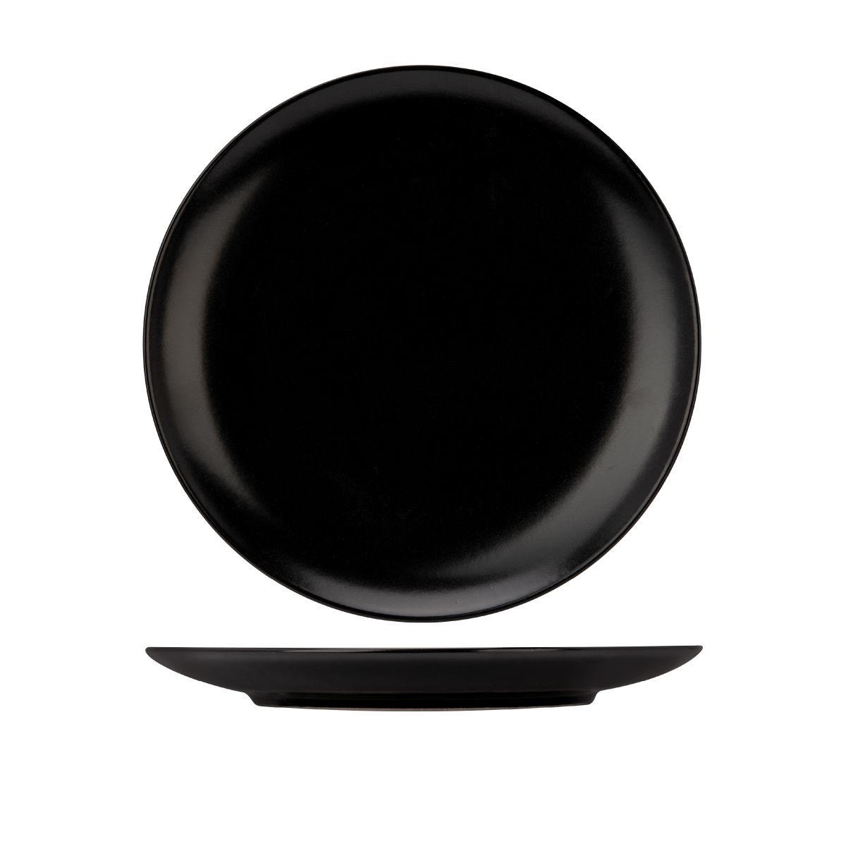 Zwart porseleinen Venus bord 26 cm met ronde vorm, in vooraanzicht weergegeven. Zwart porseleinen Venus bord 26 cm met ronde vorm, in vooraanzicht weergegeven.