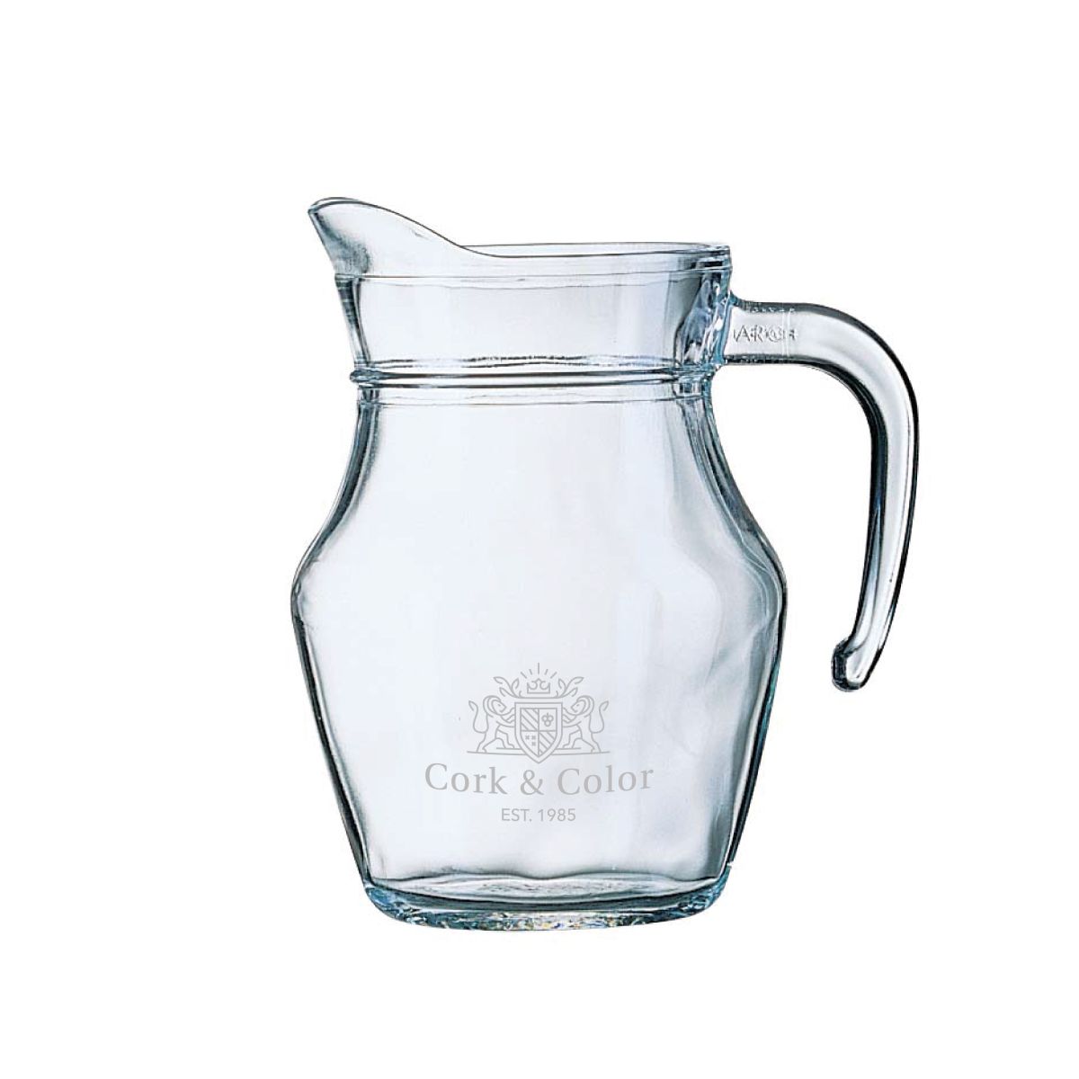 Waterkan Broc Arc 0,5 liter van glas met fijn gegraveerd CorkColor-logo aan de voorzijde.