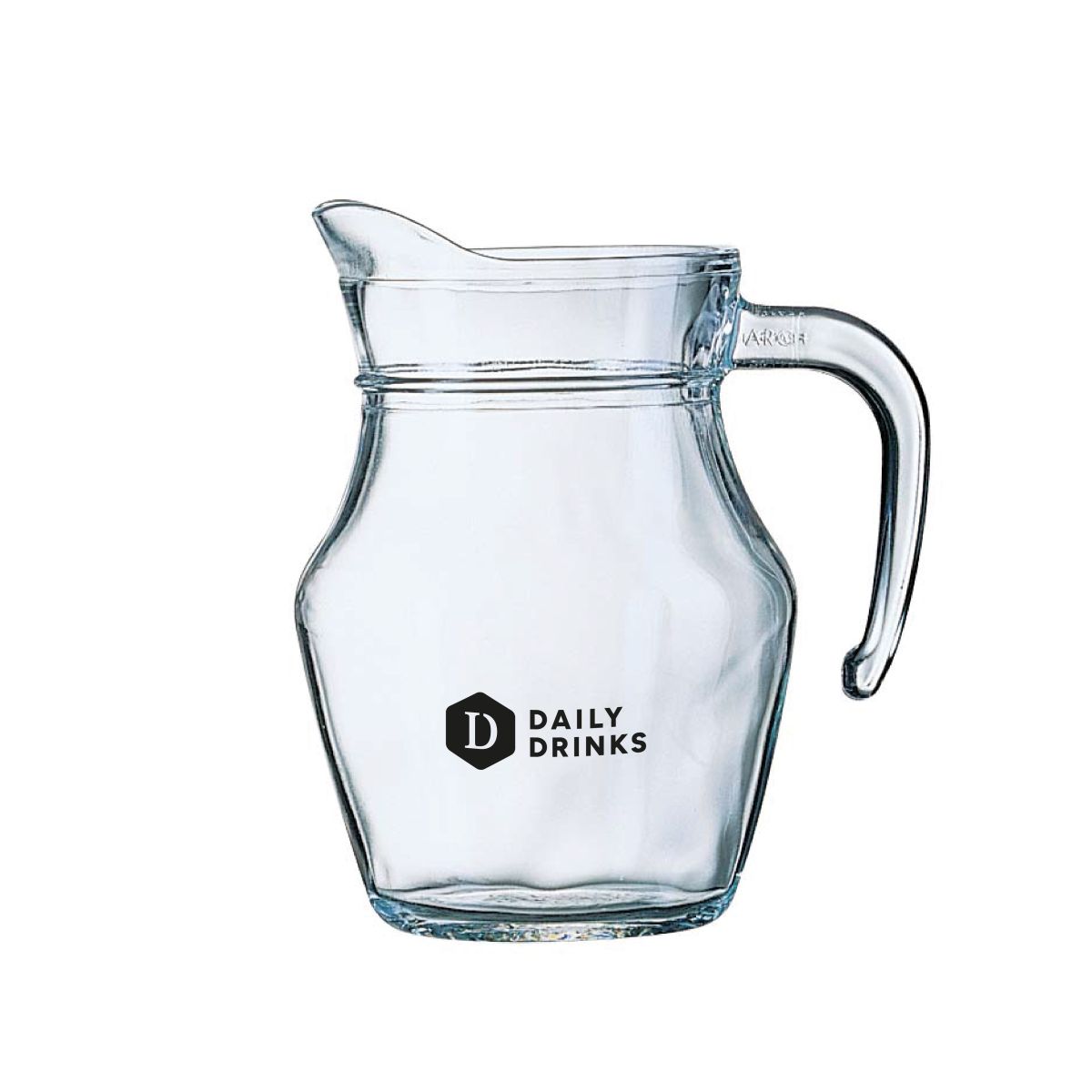 Glazen waterkan Broc Arc 0,5 liter met DailyDrinks-logo in één kleur op het vooraanzicht gedrukt.