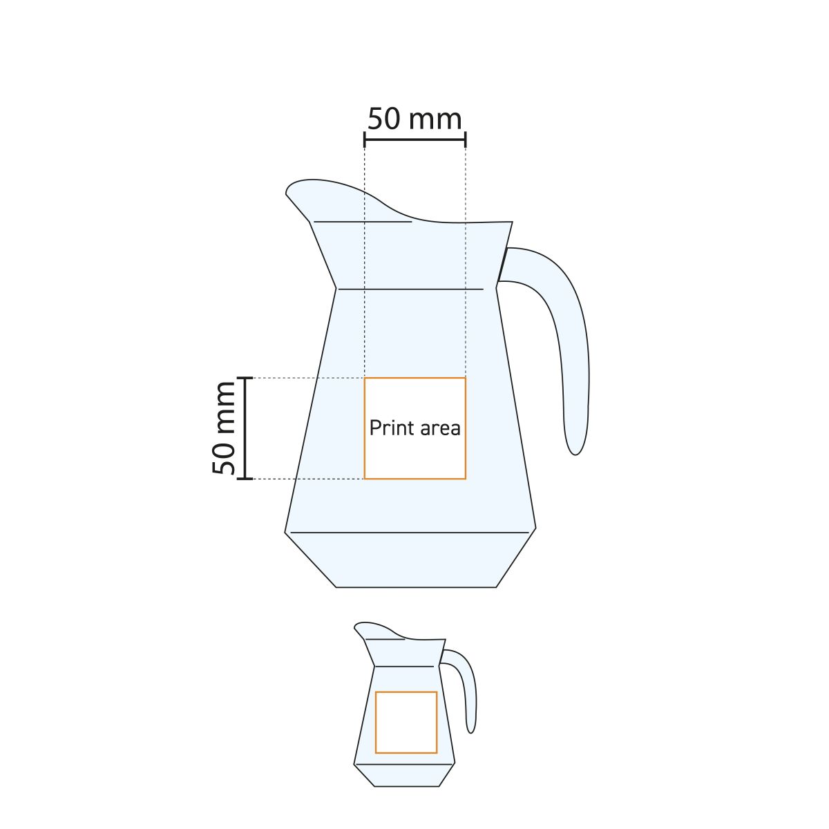 Technische werktekening met drukgebied op glazen waterkan Broc Arc 1,3 liter  voor logo.